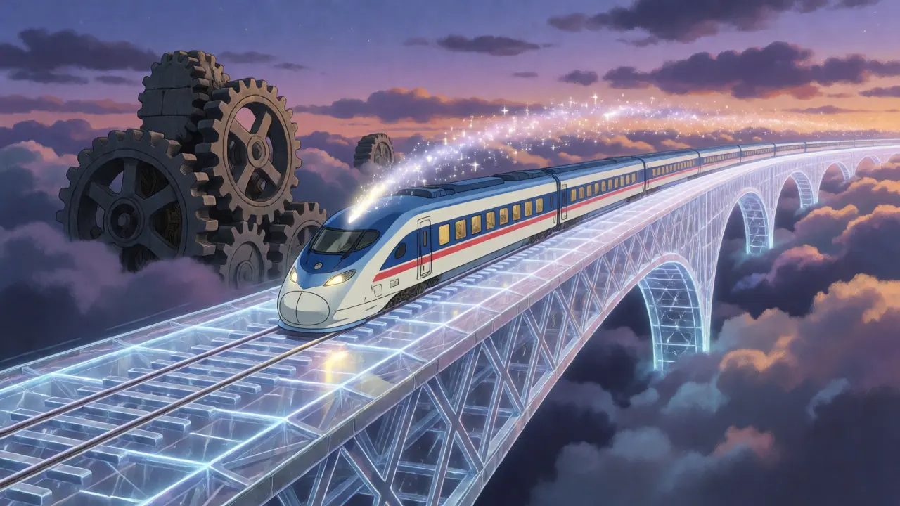 A magical high-speed train races across a light bridge, symbolizing fast blockchain transactions.