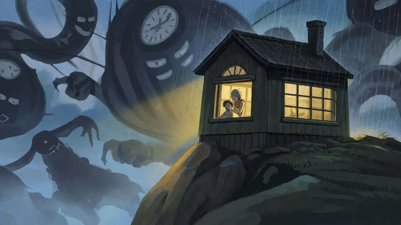 A small exchange building on a cliff face facing looming regulatory shadows in a storm.
