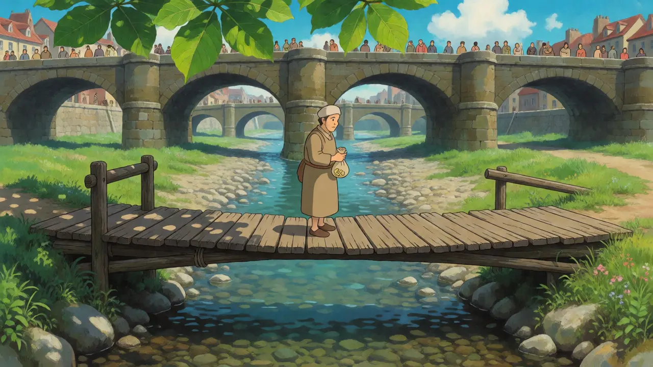 A trader hesitates on a rickety bridge over a shallow stream, symbolizing low liquidity.