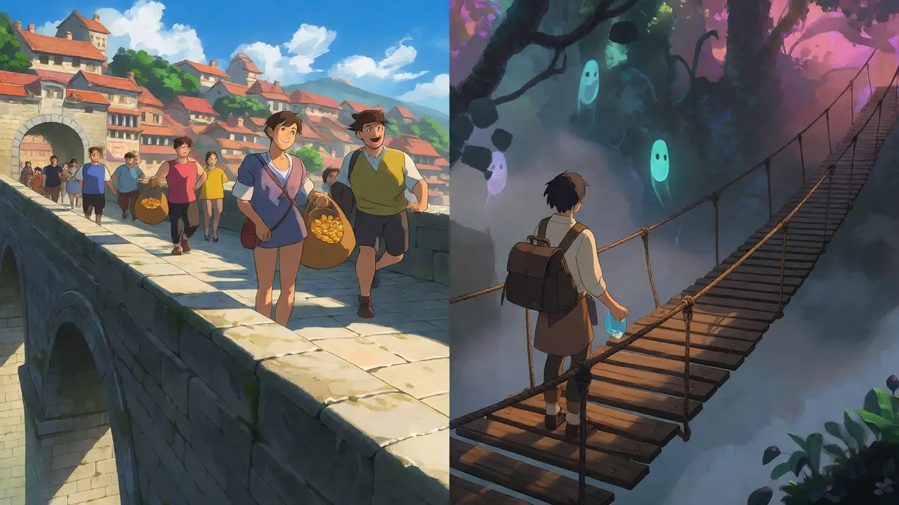 A traveler choosing between a solid bridge and a foggy rope path in anime art.