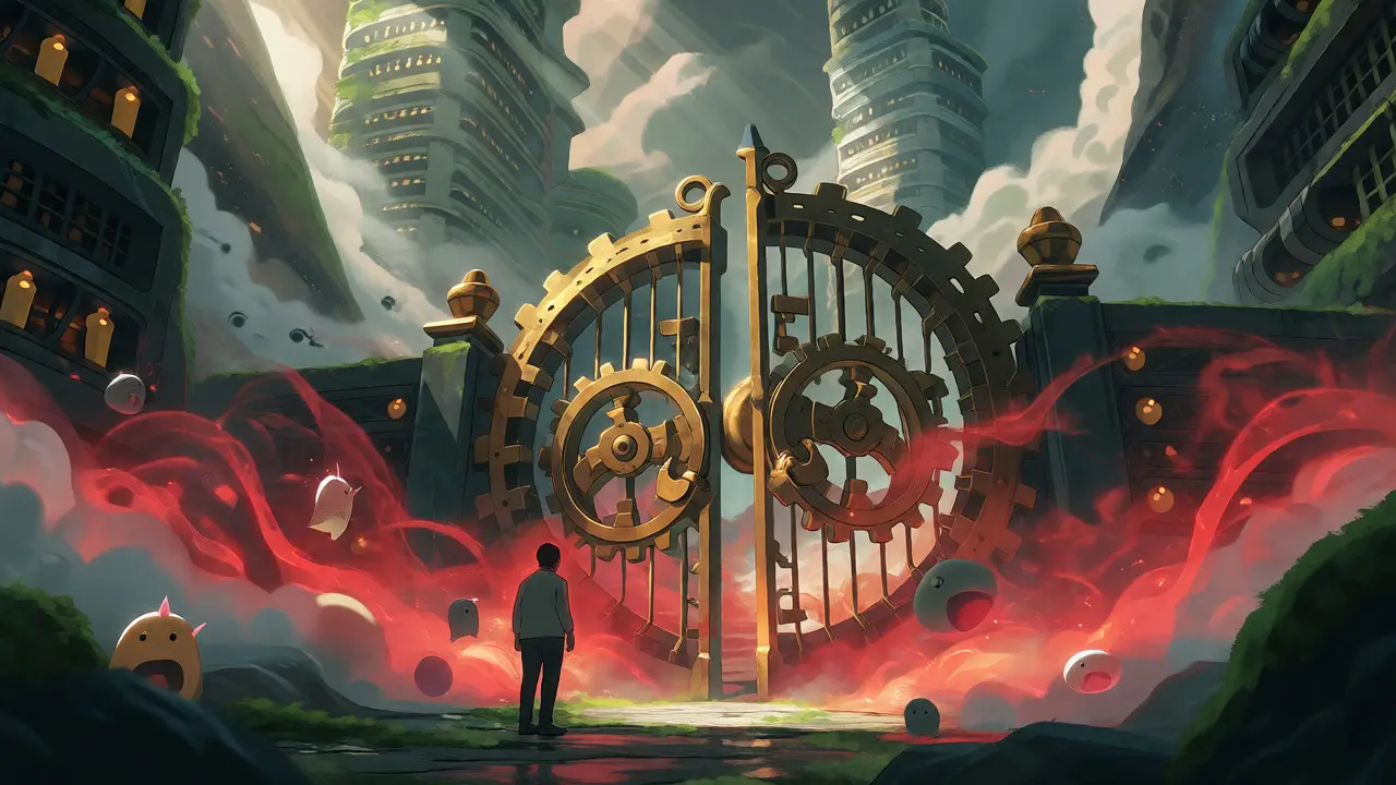 A user facing a jammed magical gate blocking access to funds in anime style.