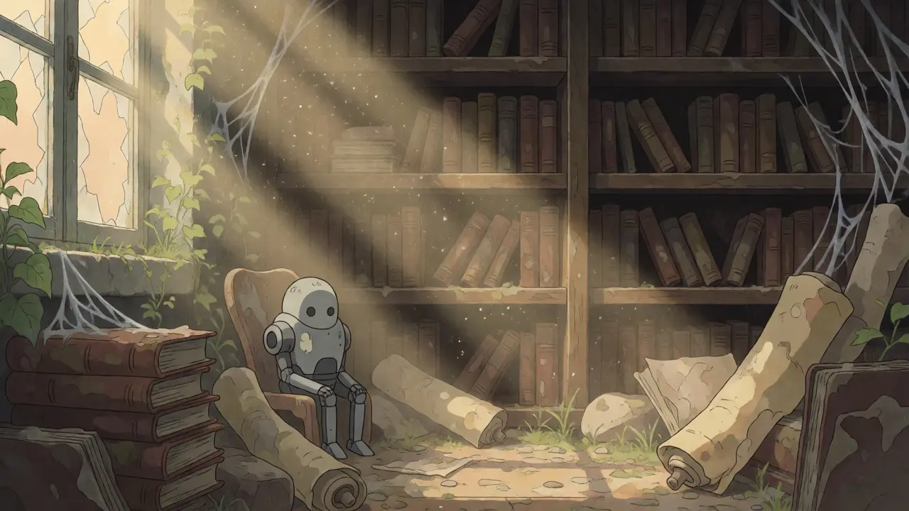 An overgrown, dusty library with a small idle robot represents the dormant CNNS ecosystem.