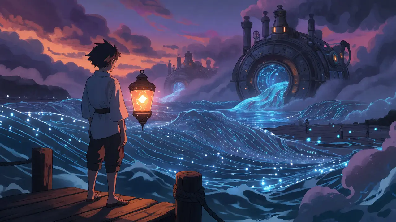 Anime character holding a lantern on a dock over a data-stream ocean