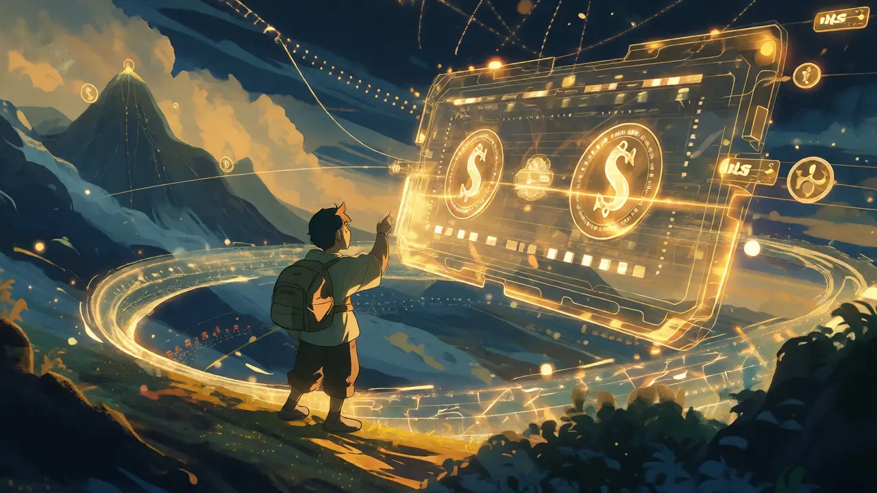 Anime character interacting with holographic treasury tokens and blockchain connections