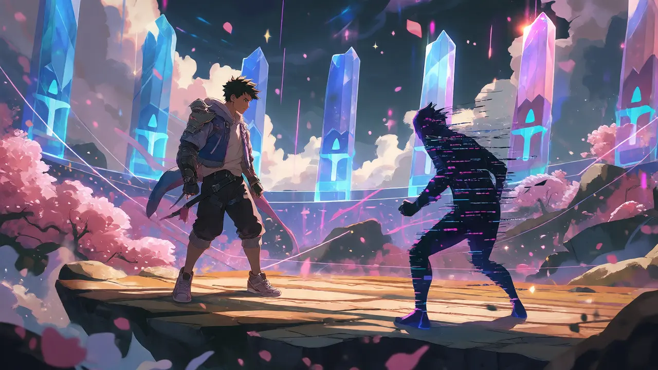Anime-style arena battle with players facing off on floating platforms against crystal leaderboards.