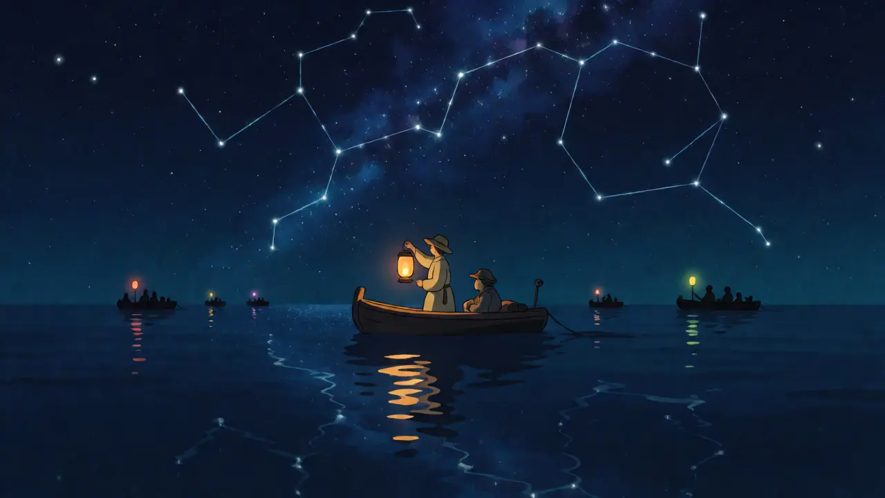 Boat under starry network sky symbolizing 24/7 trading