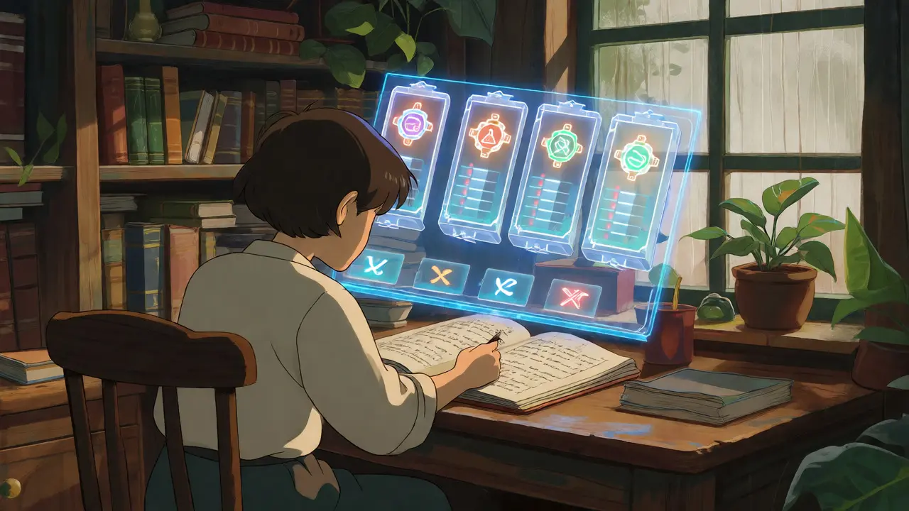 Character completing educational crypto quizzes in study