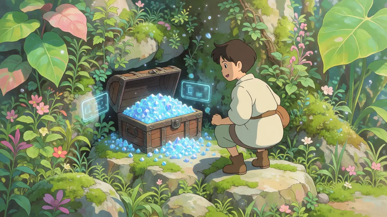 Character finding glowing token crystals in a forest