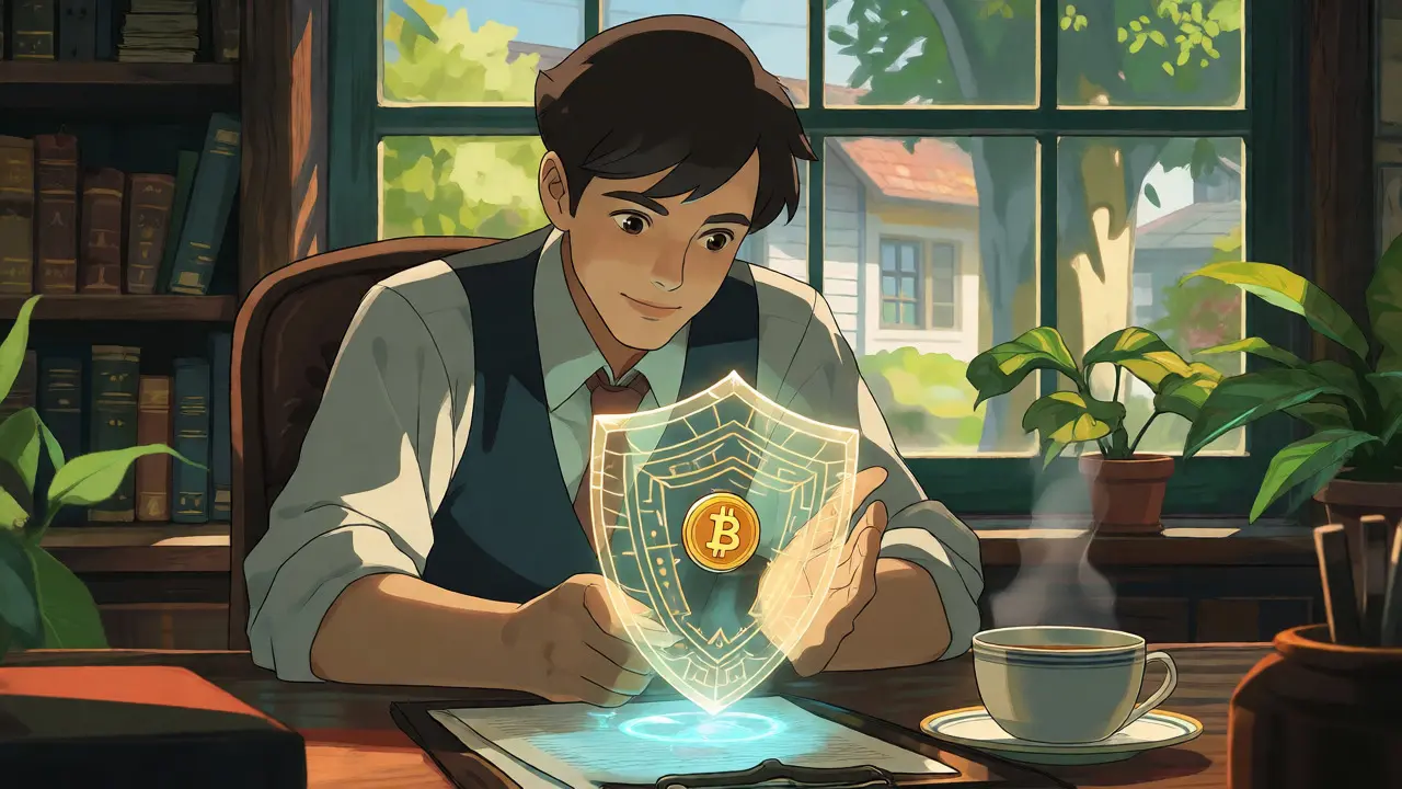 Character holding glowing shield protecting Bitcoin coin