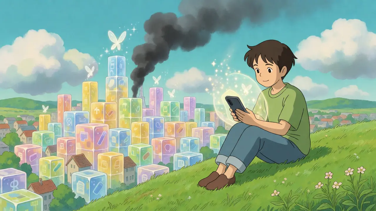 Character on a hill watching light-based trades, representing zero gas fees.