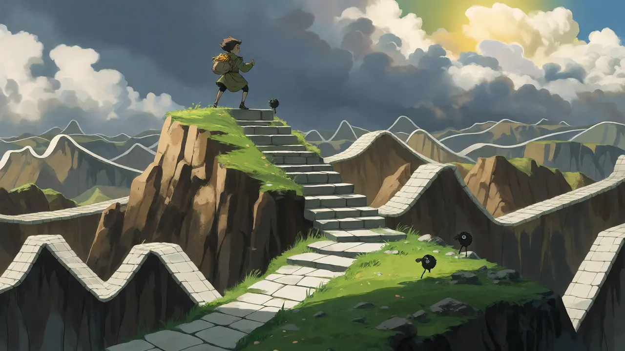 Character walking steadily up stairs through volatile terrain with sprite helpers.
