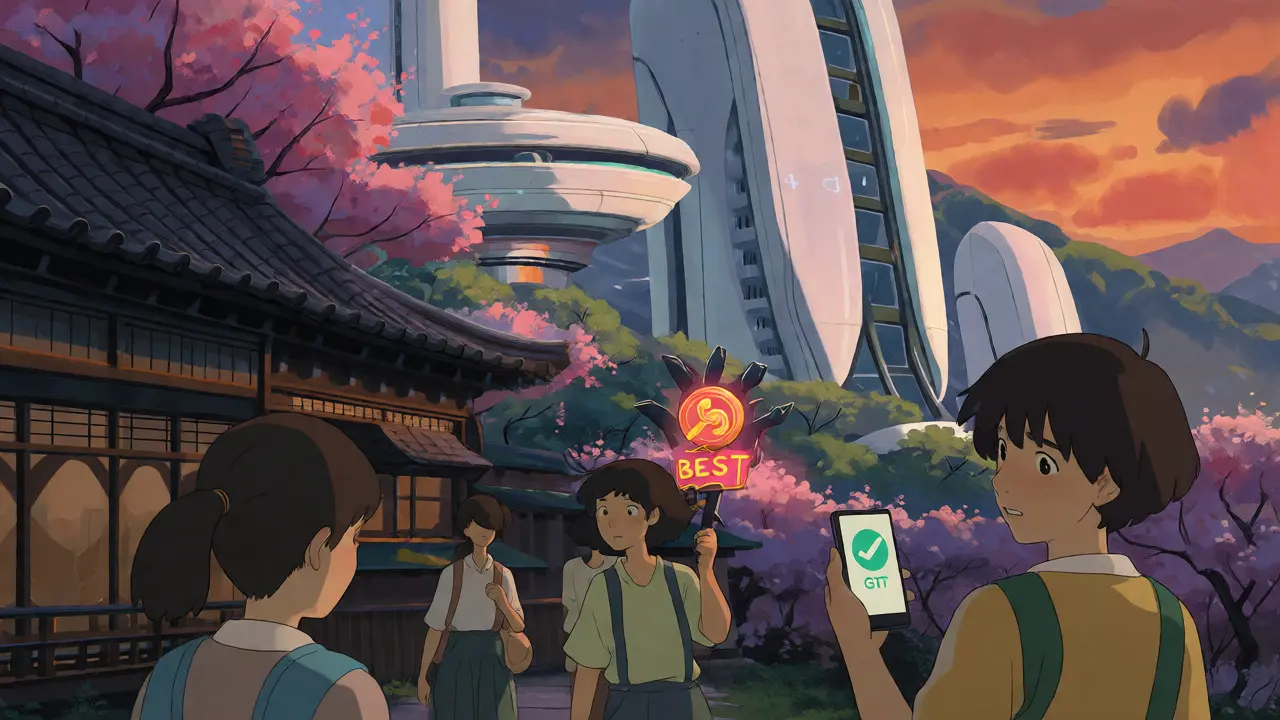 Characters walking past fake BEST token ad and real GRT