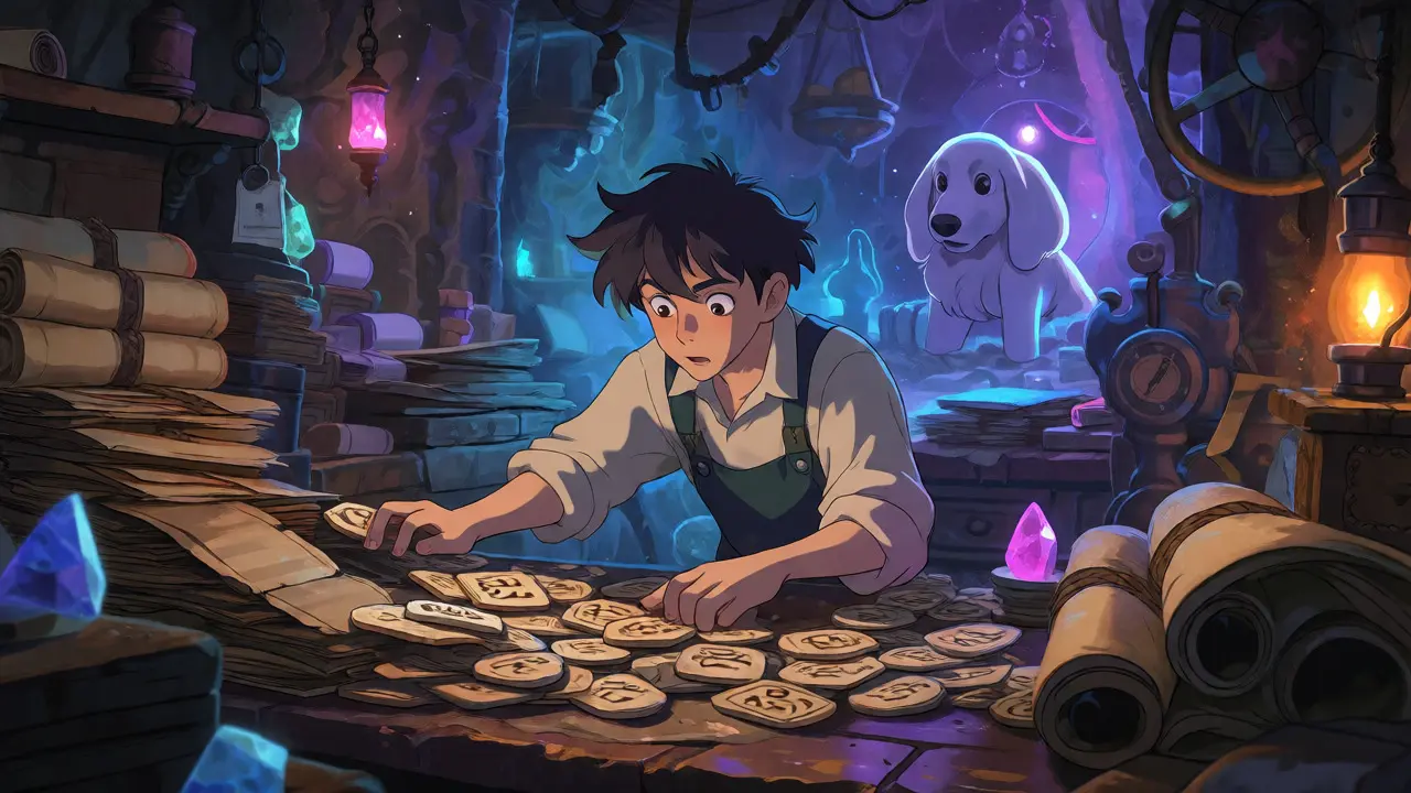 Confused apprentice sorting tokens in a cluttered Ghibli workshop.