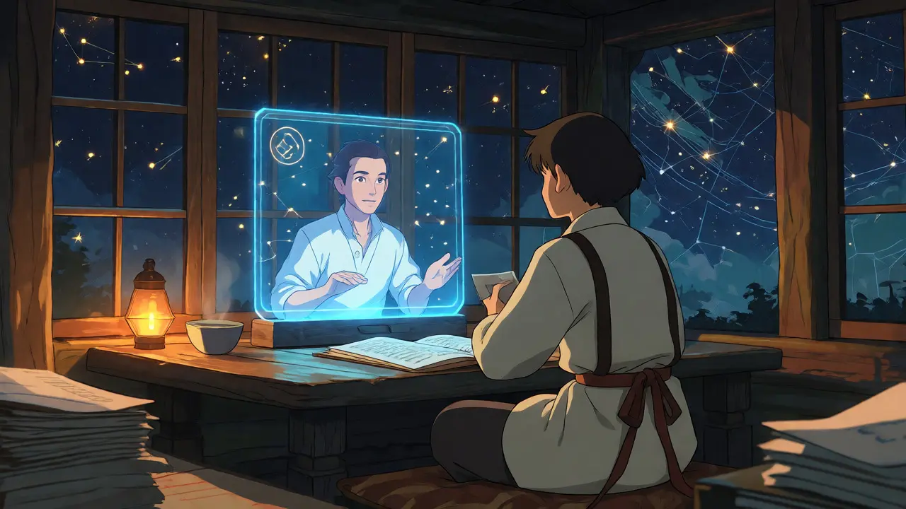 Cozy cabin scene with a character watching a holographic educational stream under a starry sky.