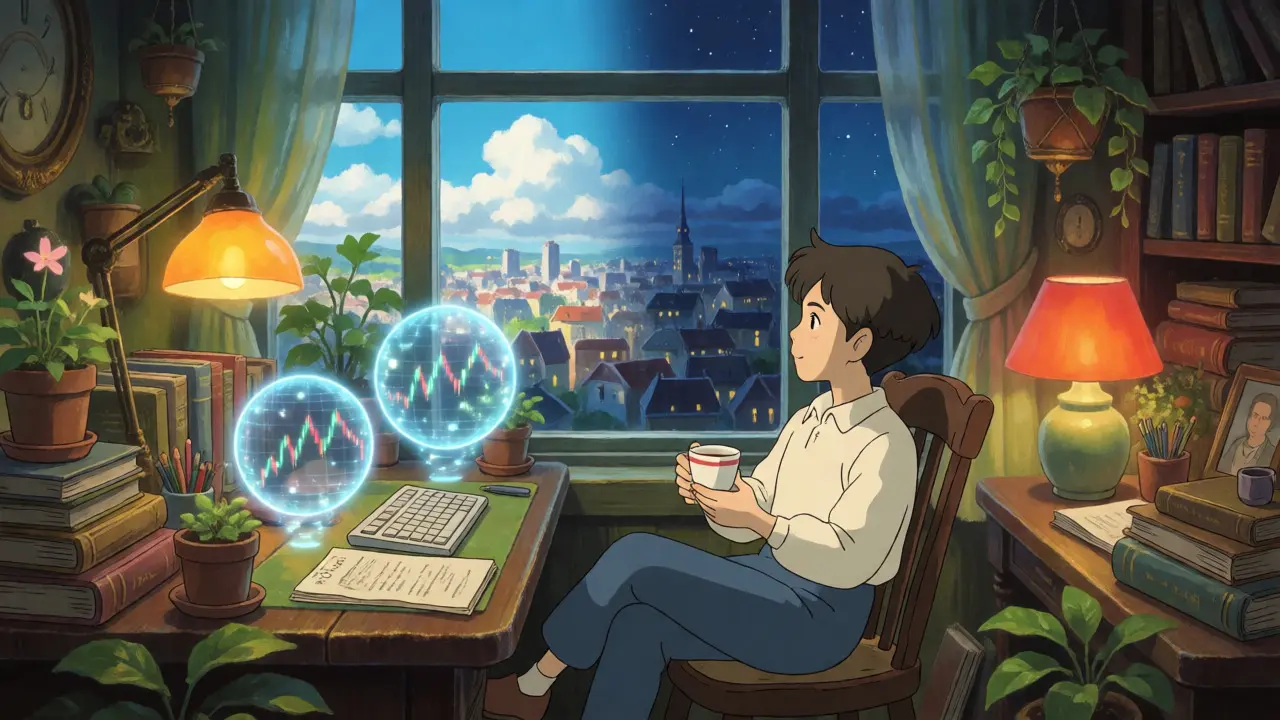 Cozy Ghibli-style room at twilight with floating holographic stock orbs near a window.