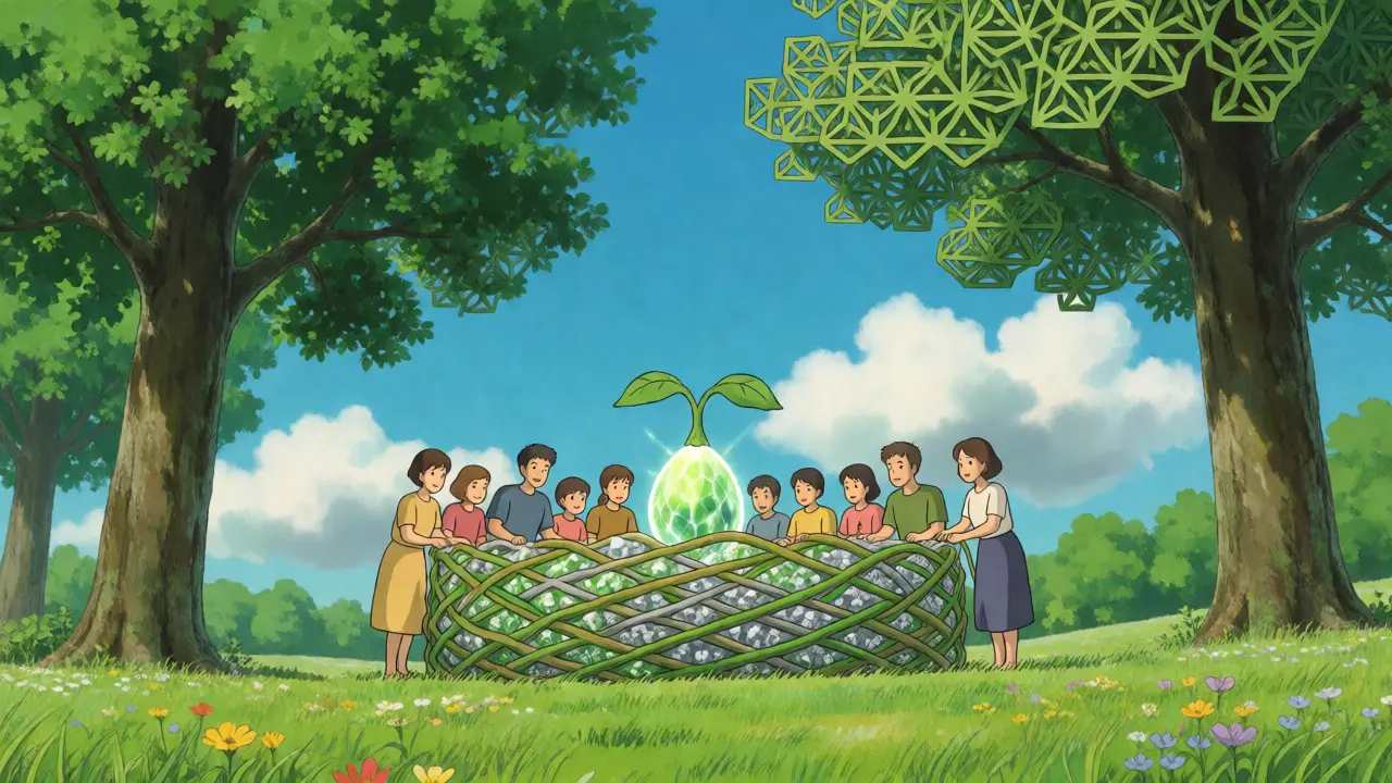 Developers weave a crystalline barrier around a glowing seed in a sunny meadow.