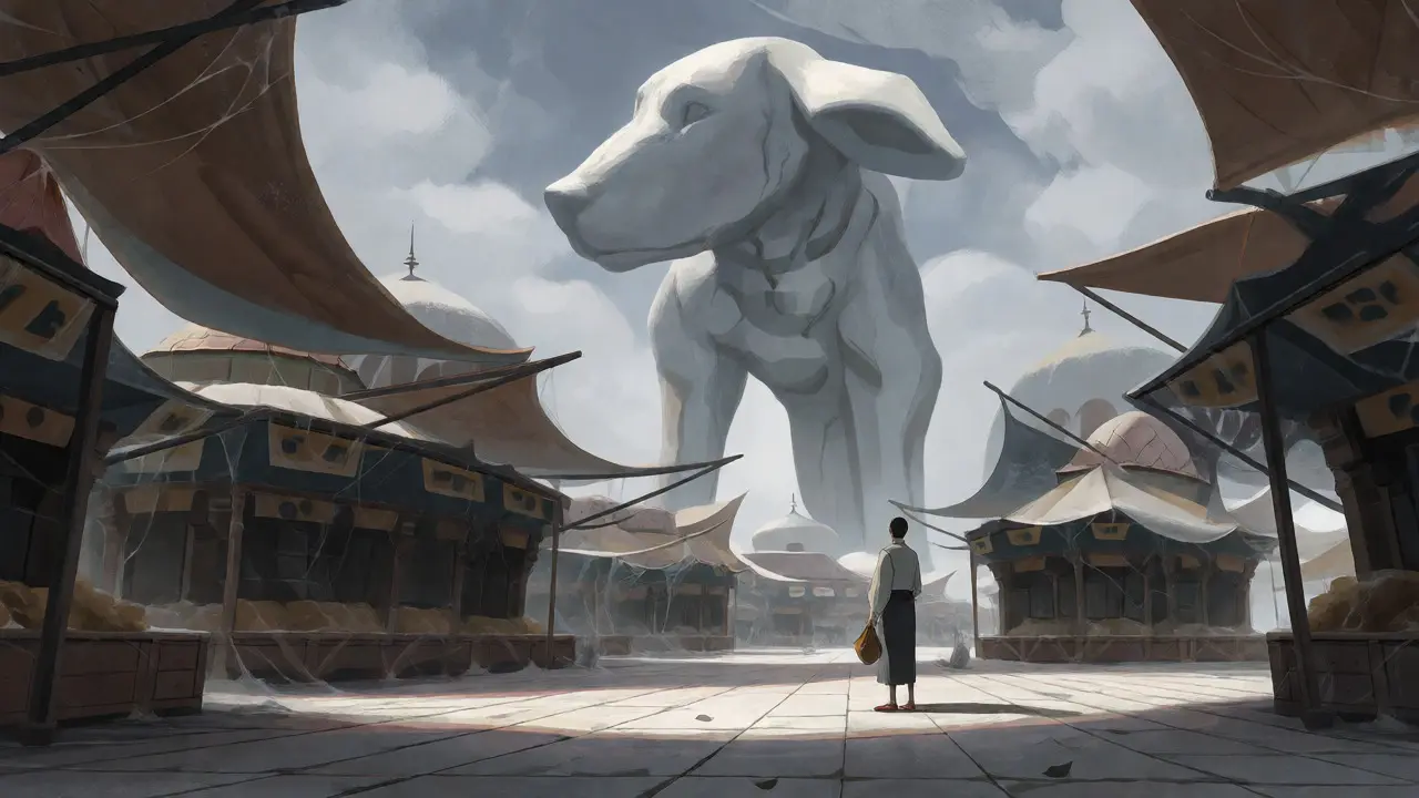 Empty marketplace with a shadowless dog statue in Ghibli style.