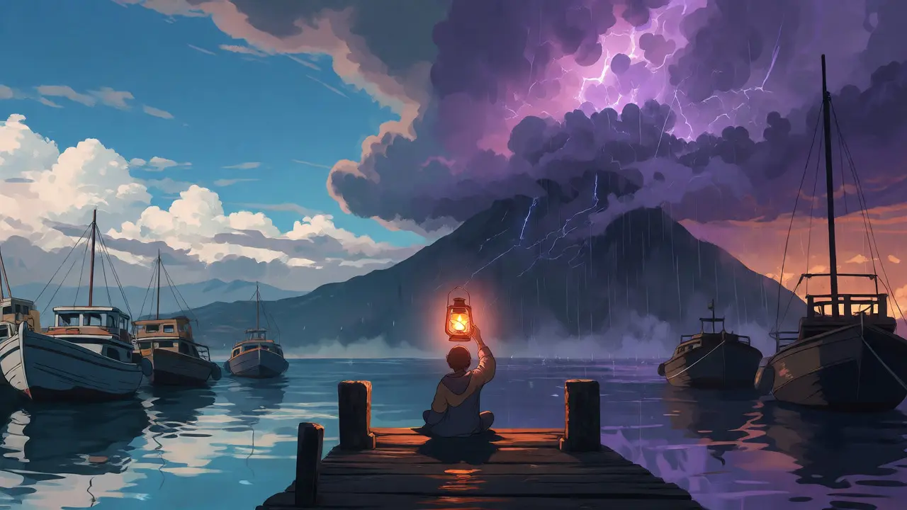 Figure with lantern on a dock facing a stormy sky and calm harbor.