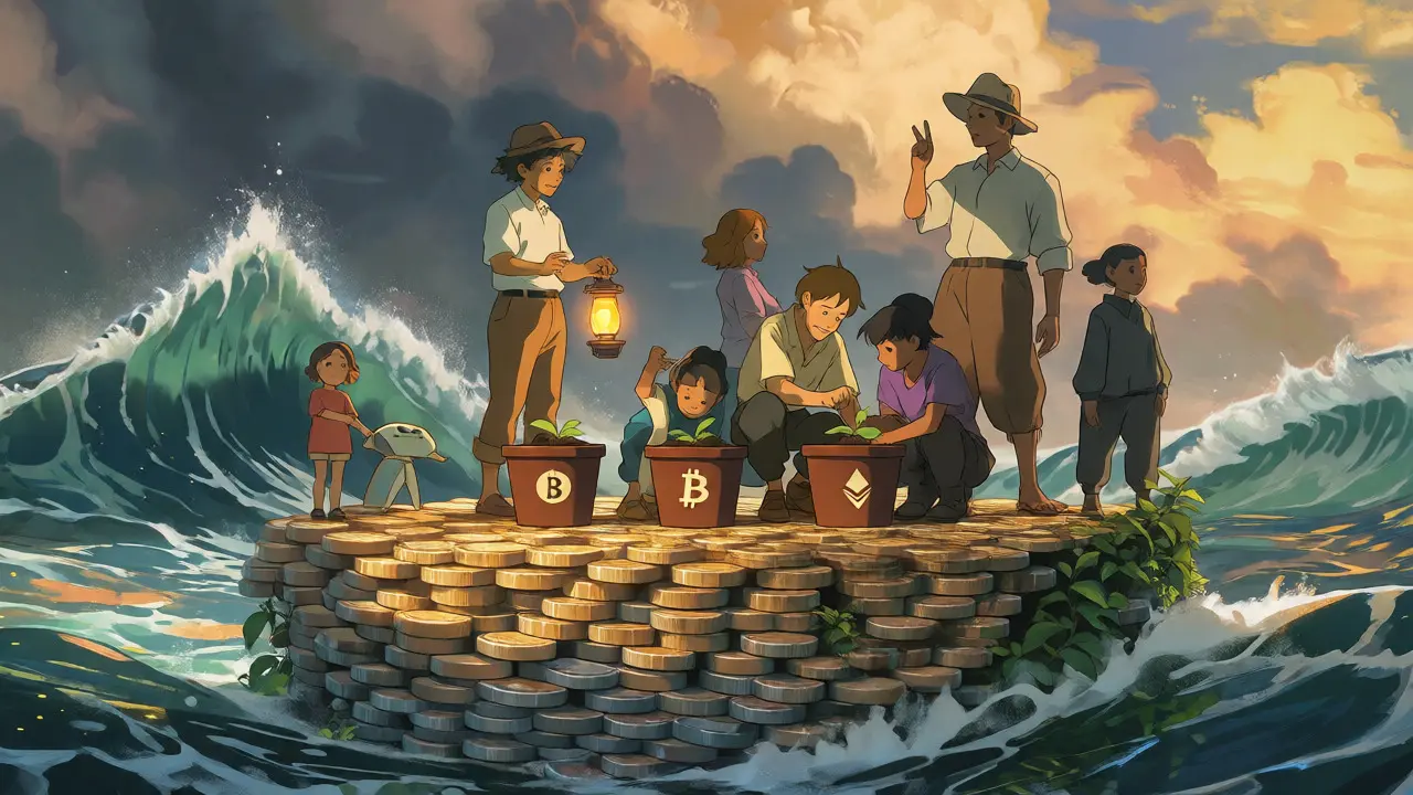 Group planting seeds on coin platform overlooking turbulent digital sea