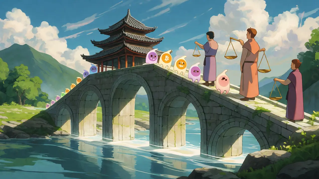 Guardians guiding token spirits across regulated bridge