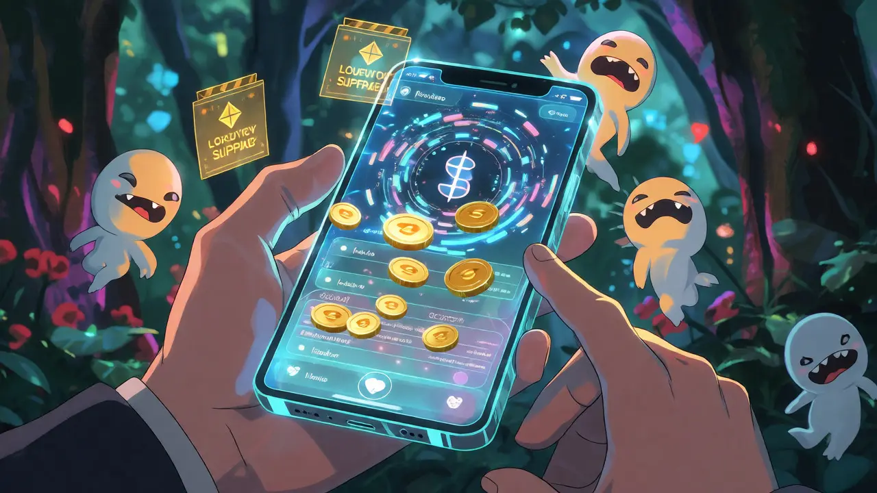 Hands holding a phone displaying a crypto swap, surrounded by warning spirits in a digital forest.