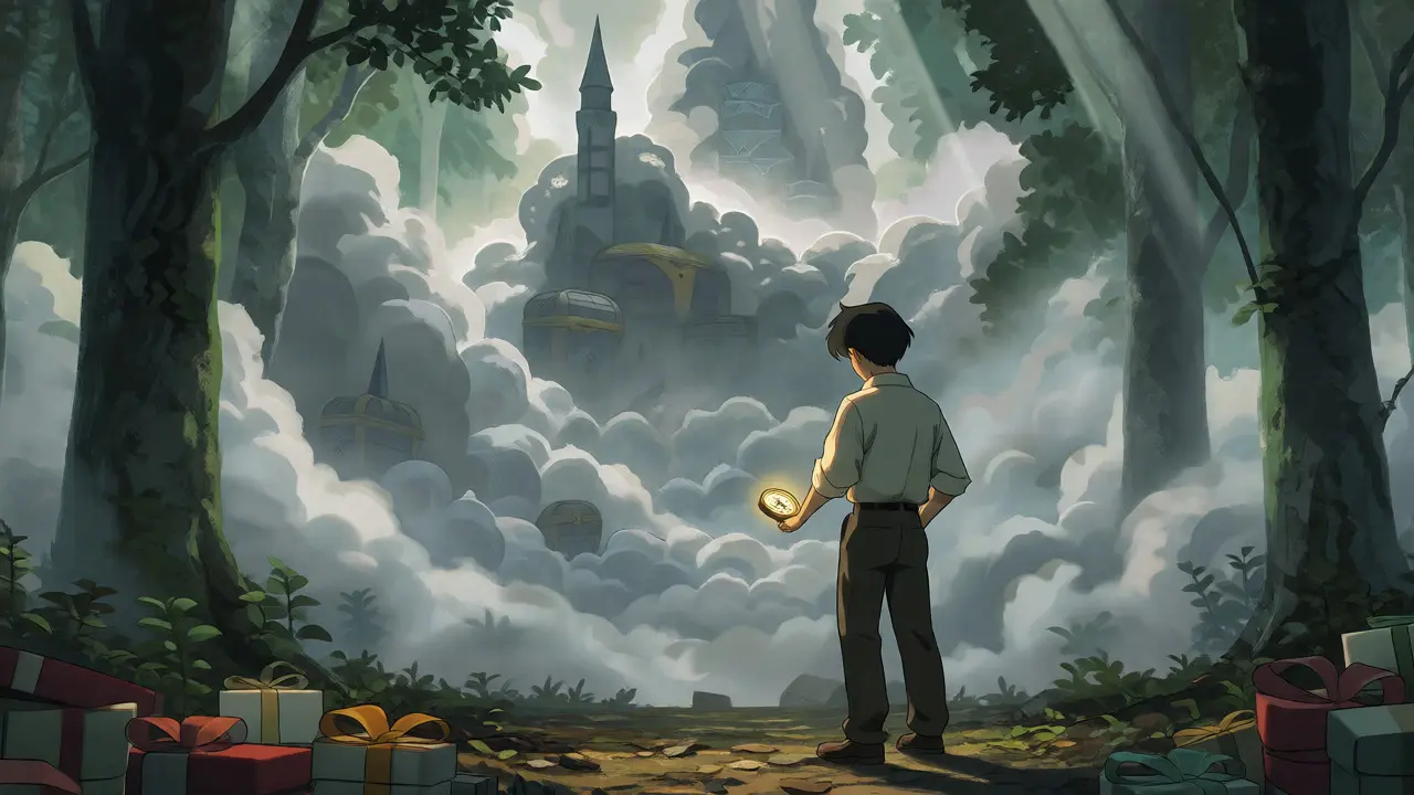 Investor facing misty forest with spinning compass and gifts