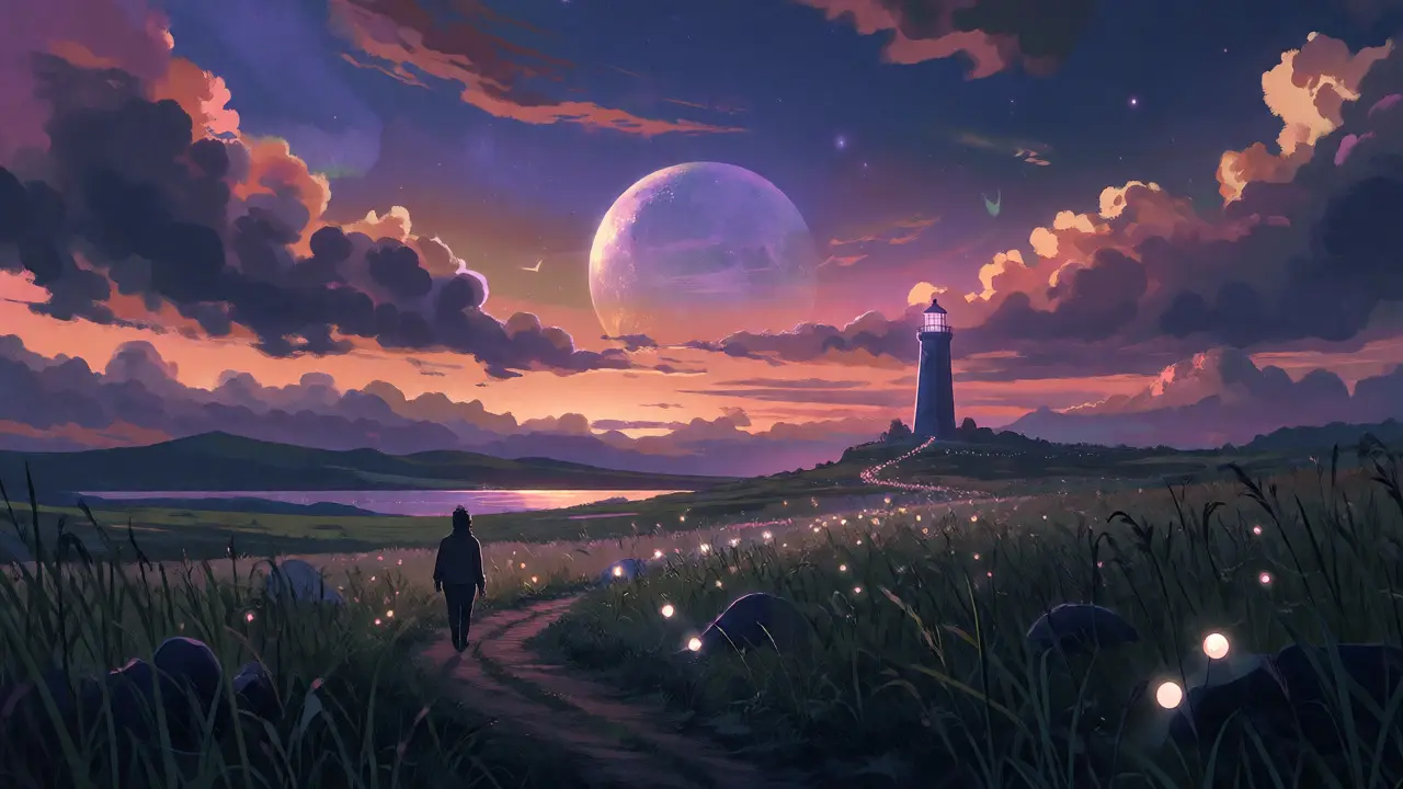 Lone figure walking toward a glowing lighthouse in a vast Ghibli landscape
