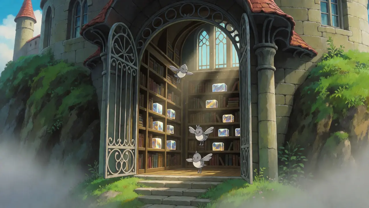 Majestic cliffside vault in Ghibli style guarding glowing crystalline assets with mechanical spirits.