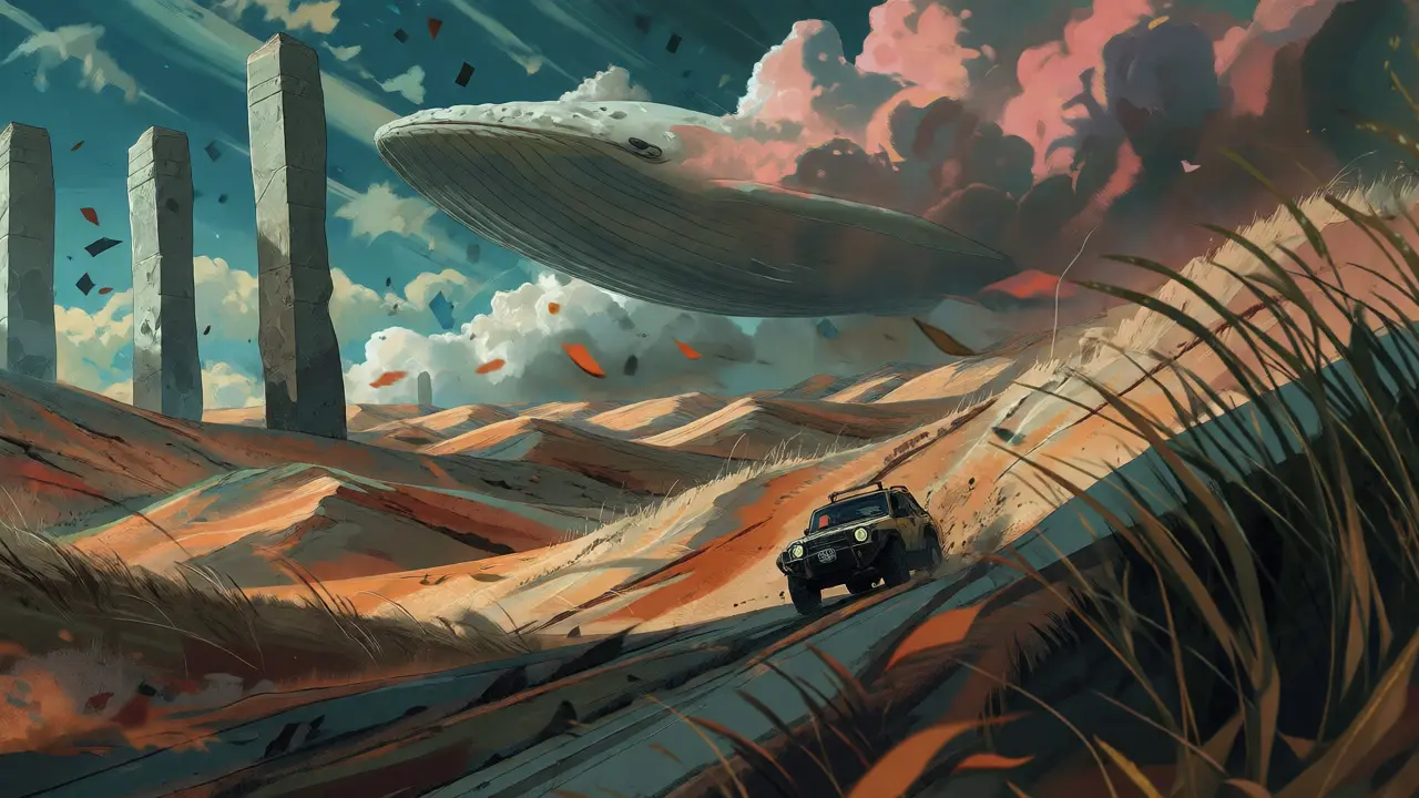 Off-road vehicle navigating chaotic desert landscape with whale cloud
