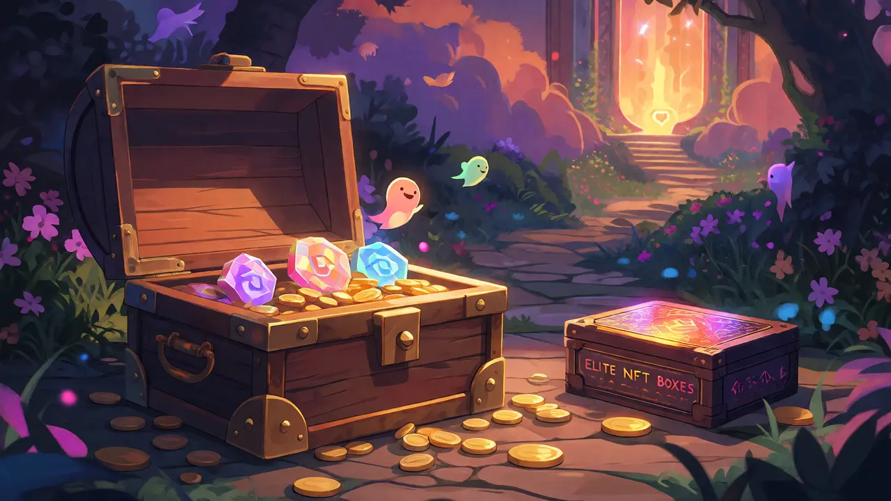 Open treasure chest with glowing tokens and a rune box in an enchanted garden.