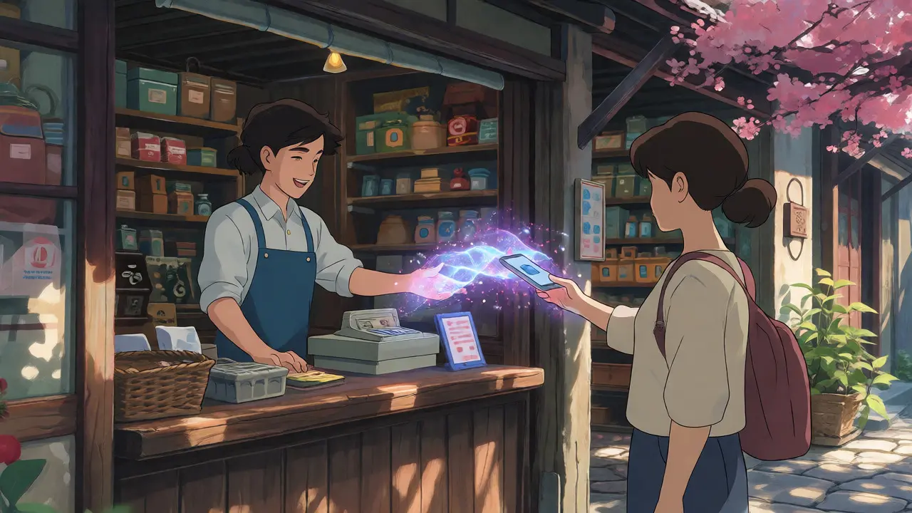 Seamless crypto payment depicted as a magical light bridge in a village