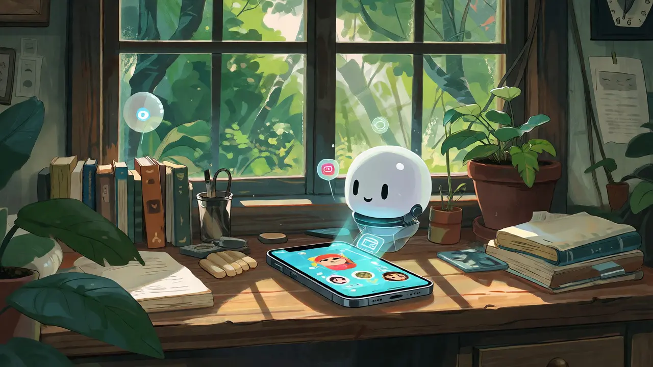 Smartphone on a wooden desk with holographic icons in a sunlit room.