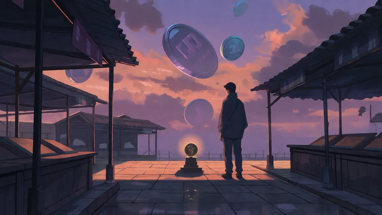 Solitary figure in an empty twilight marketplace looking at a dimly lit stablecoin