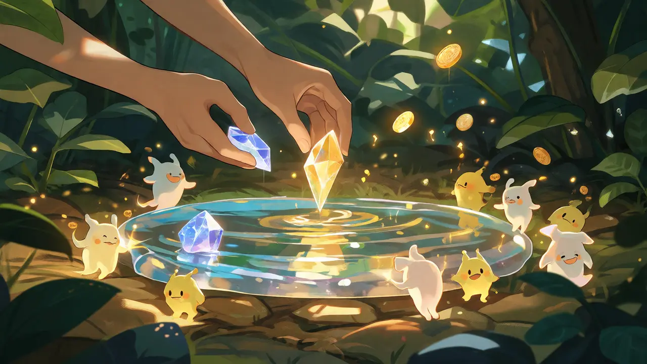 Spirit creatures gathering around a crystal pool in a magical garden.