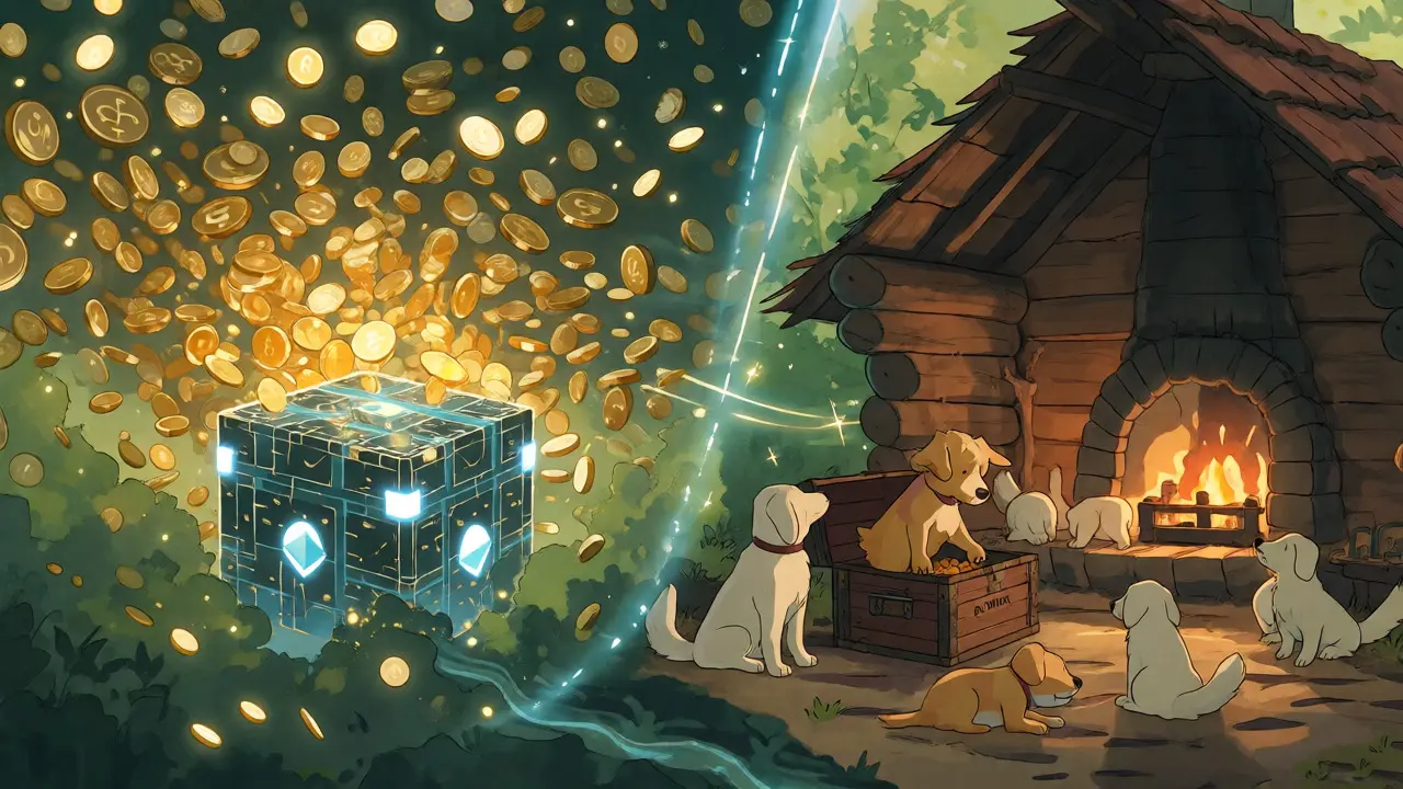 Split scene contrasting a swarm of golden coins with a cozy cabin and rescue dogs.