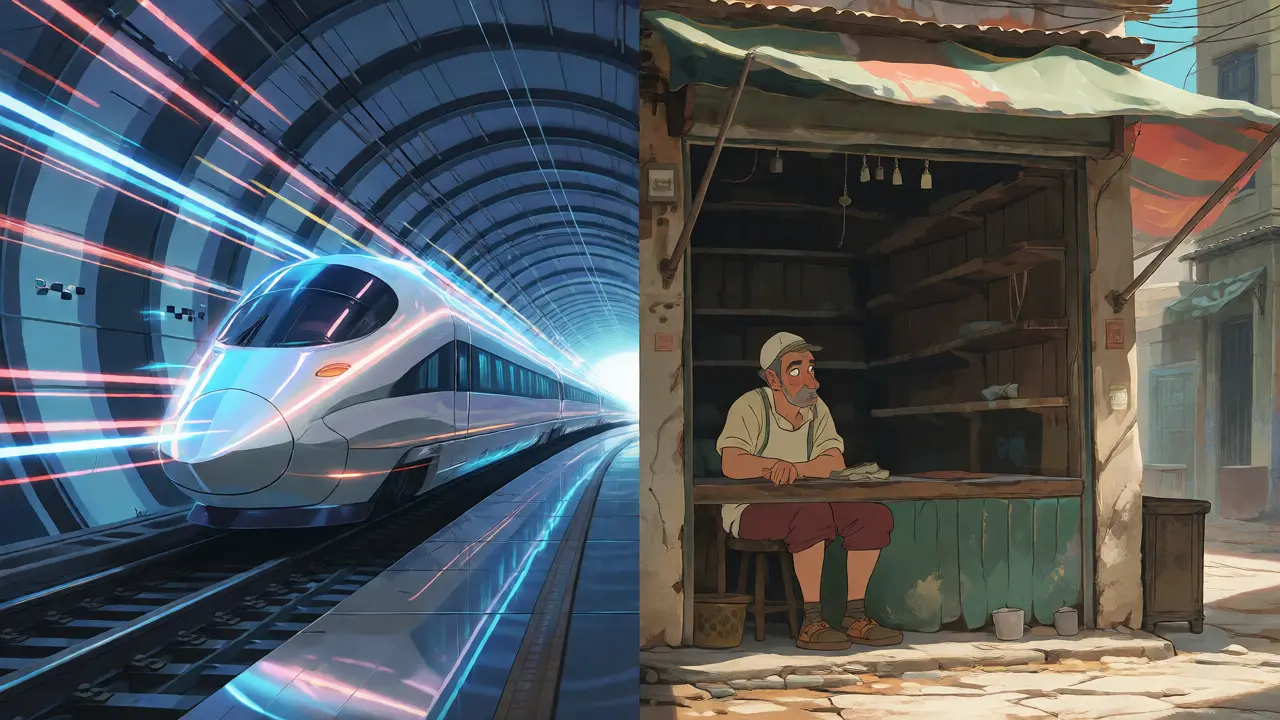 Split scene of fast light-train vs empty dusty market stall
