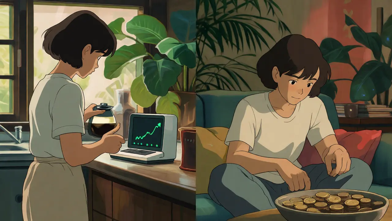 Split view of a person investing weekly, from morning coffee to evening relaxation.