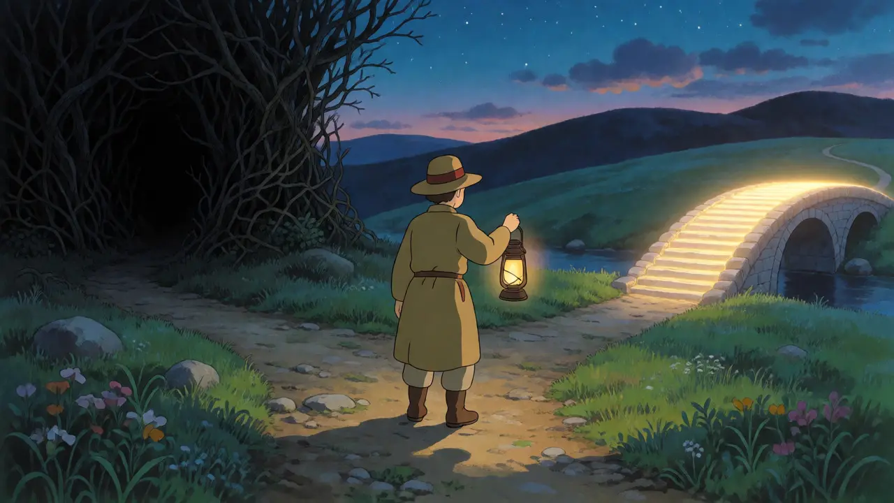 Traveler choosing safe path at a magical crossroads