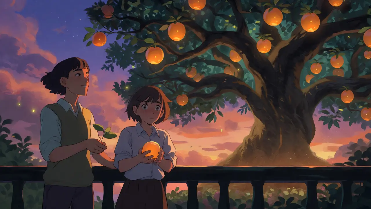 Two people watching a glowing tree grow at dusk, symbolizing DCA growth.
