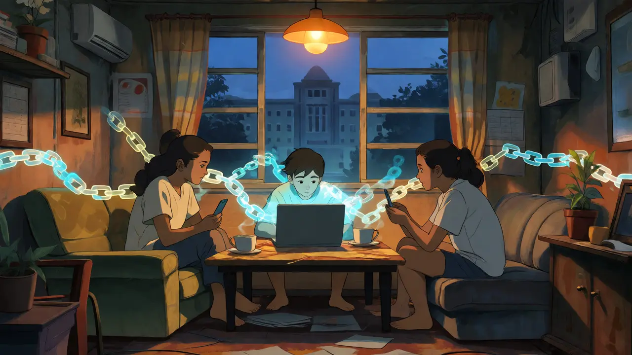 Family using crypto devices in a cozy apartment at twilight