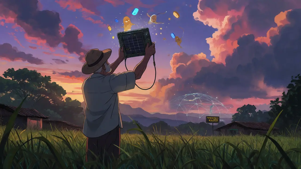 Rural farmer seeking signal with tablet amidst magical data spirits